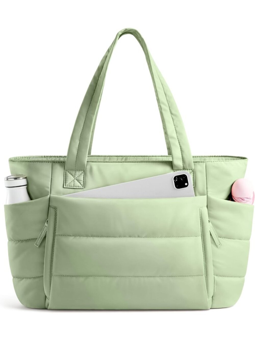 👜Women's Foam Green Quilted Puffer Tote Bag Zipper Work Bag With Compartments